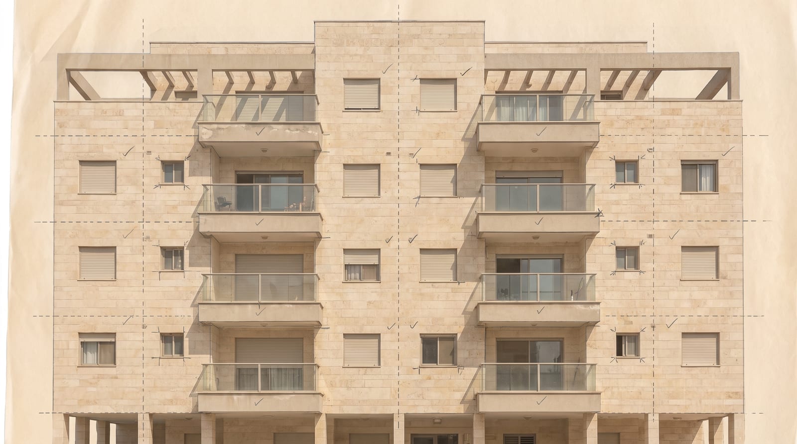 חזית של בניין מגורים מחופה אבן, עם קווי מדידה מקווקווים וסימוני וי על החלונות