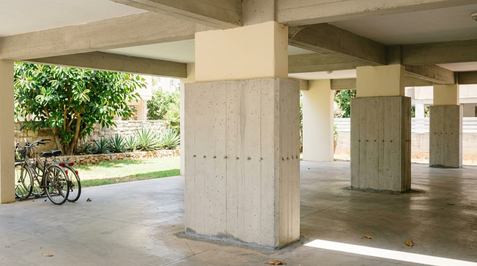 עמודי בטון מעובים בקומת העמודים של בניין ותיק, אופניים נשענים לידם וגינה עם אגבות מאחור