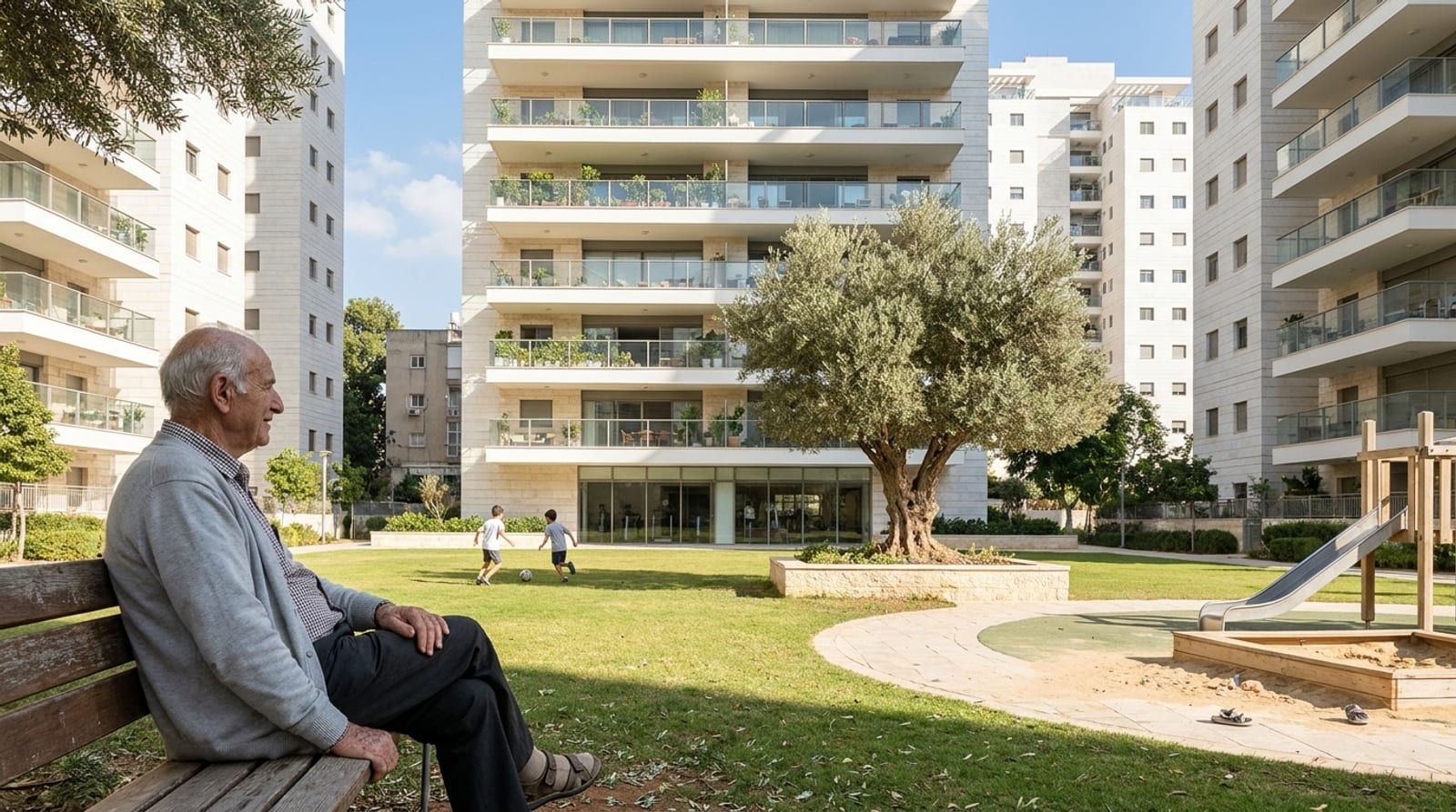 גבר מבוגר יושב על ספסל עץ בחצר דשא בין מגדלי מגורים, שני ילדים משחקים בכדור ליד עץ זית ומגלשה