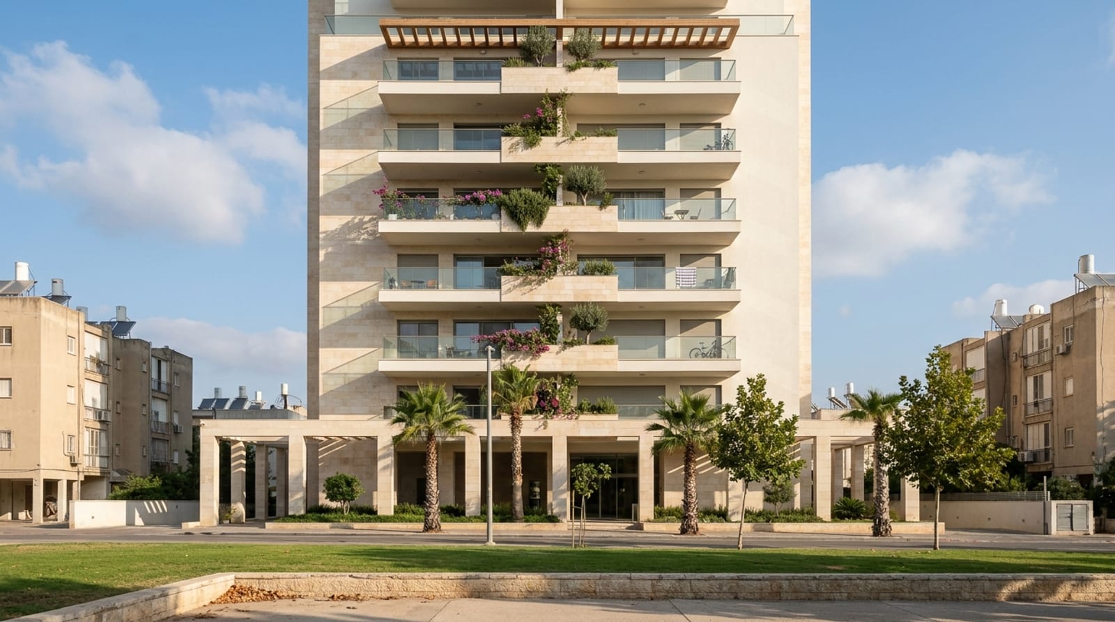 בניין מגורים חדש בחיפוי אבן עם מרפסות מוריקות ופרגולה על הגג, דקלים ובנייני שיכון ותיקים משני צדדיו