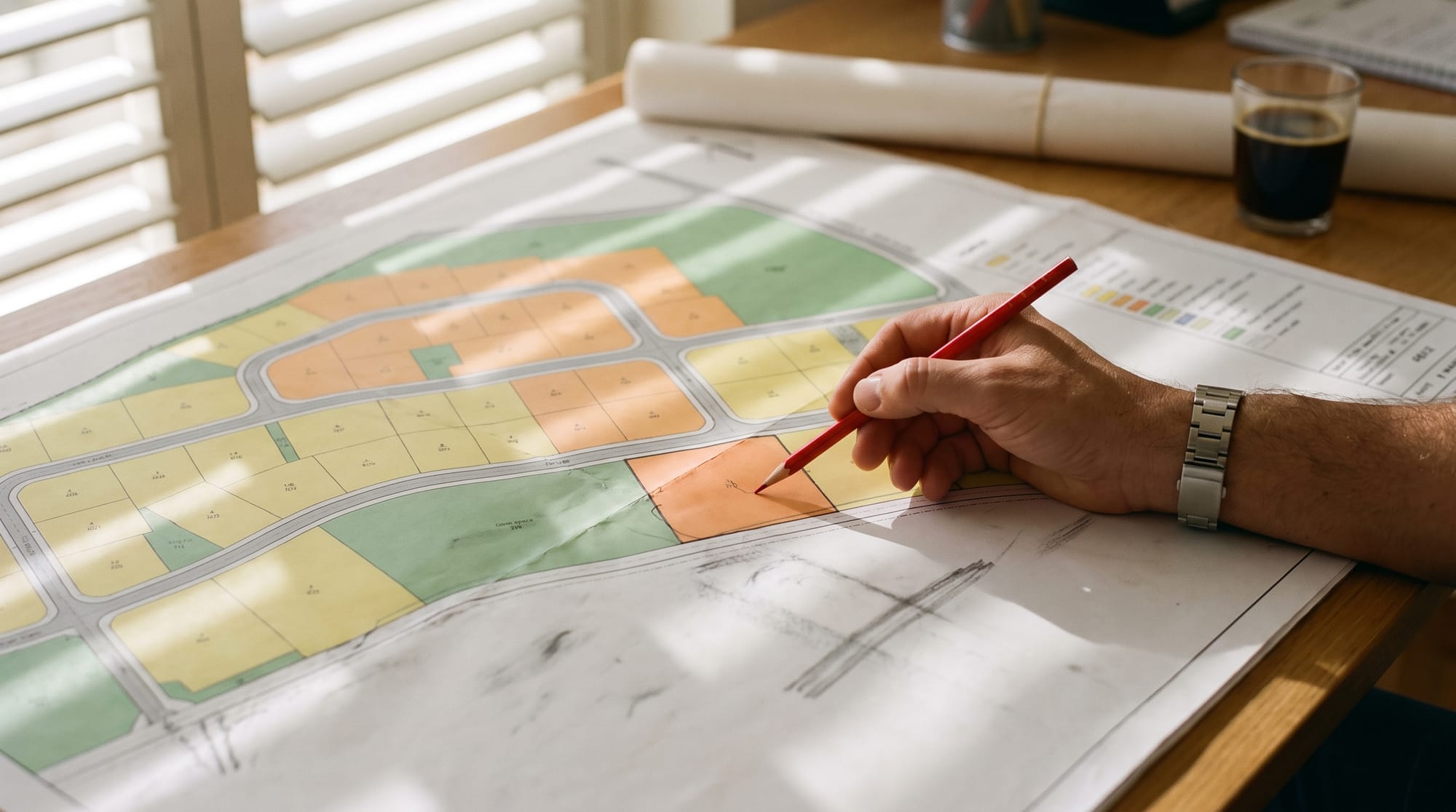 Eine Hand mit einem roten Stift markiert ein einzelnes Grundstück auf einem gelb, orange und grün kolorierten Planblatt