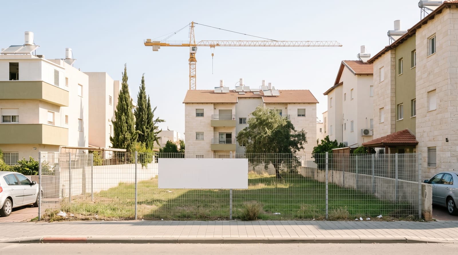 מגרש ריק מגודר ומאחוריו מנוף בנייה בשכונת מגורים ישראלית