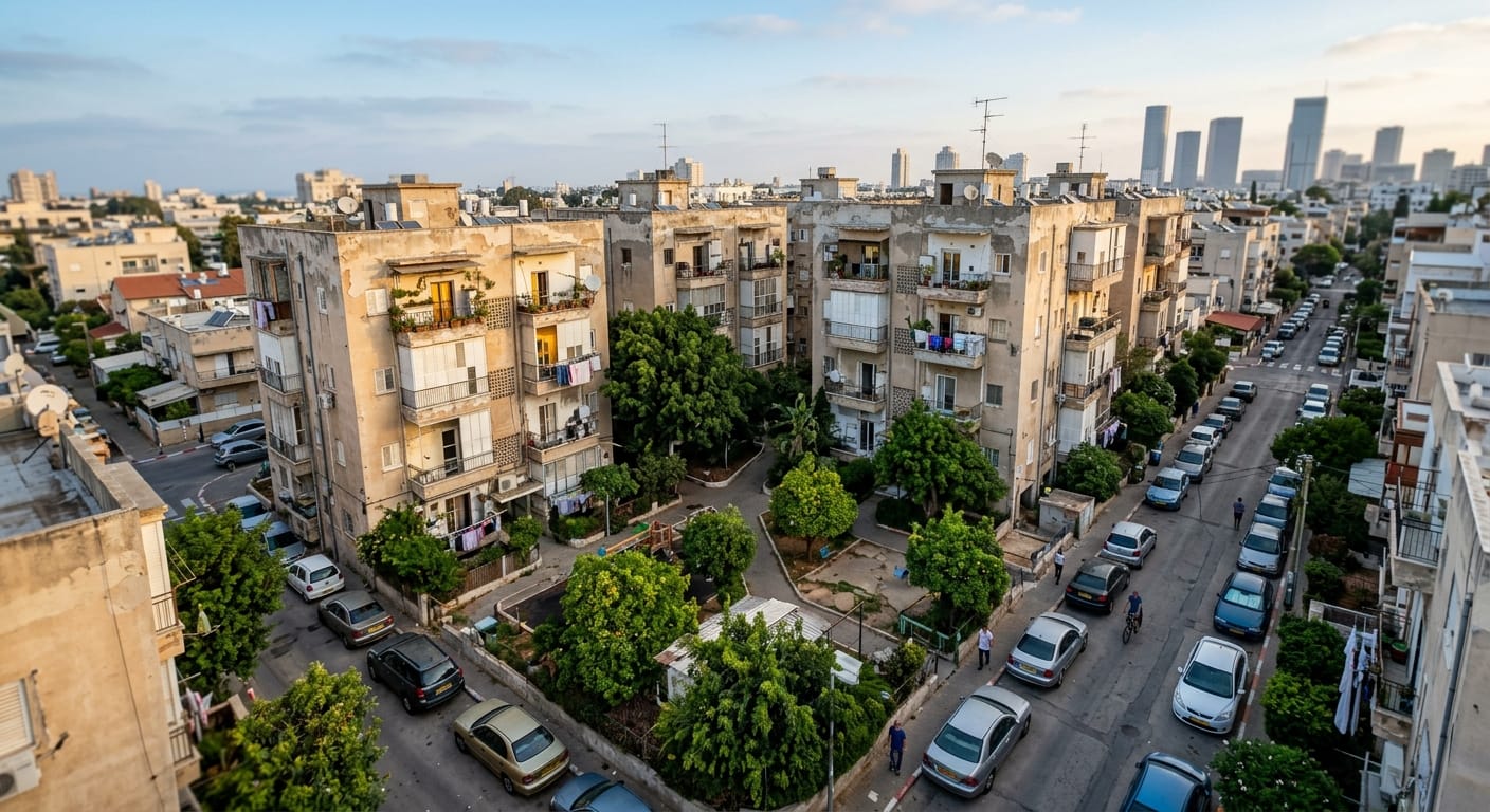 מבט אווירי על מקבץ בניינים ותיק המיועד לפינוי-בינוי