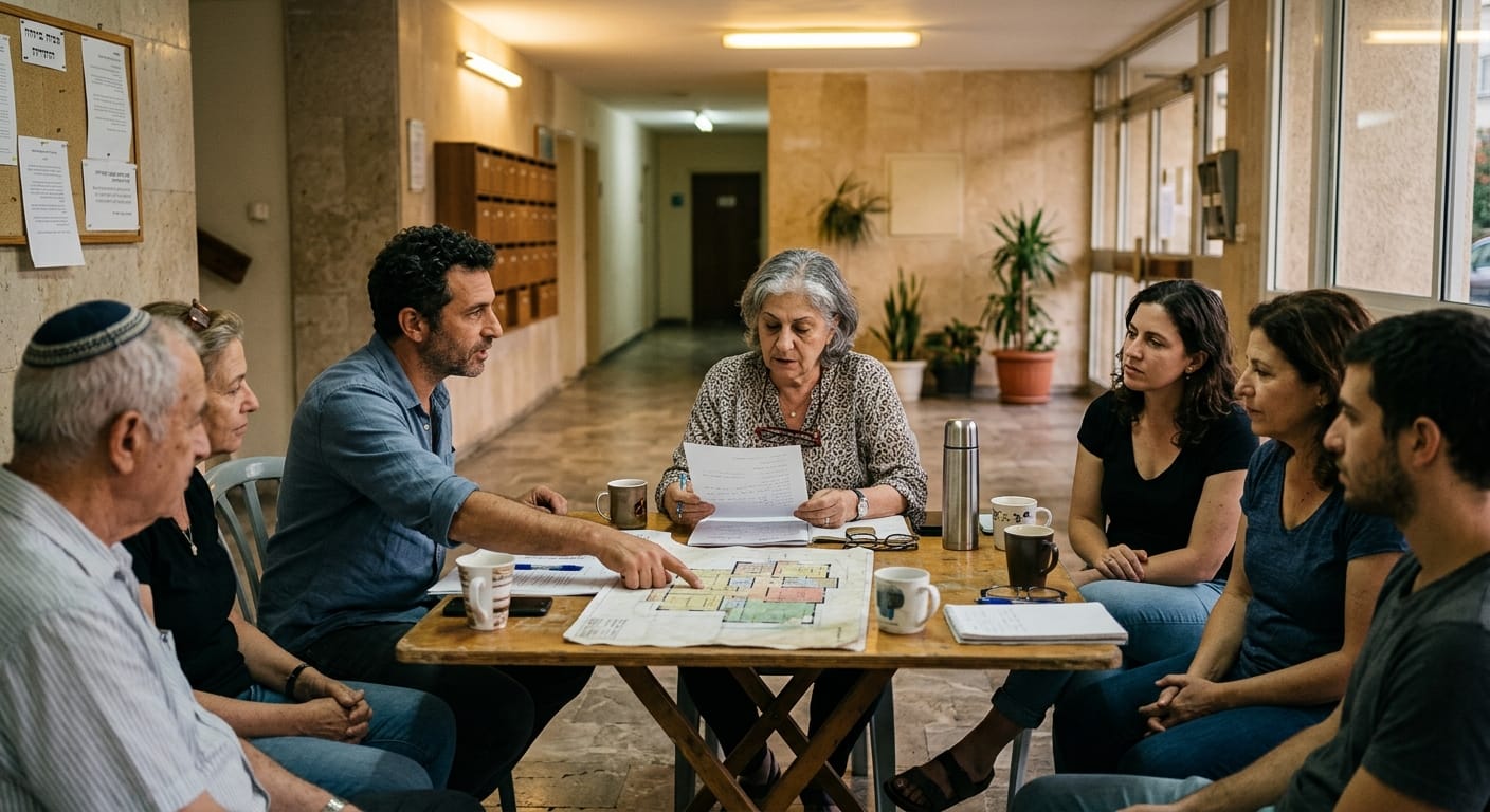 אסיפת בעלי דירות בלובי בניין מגורים