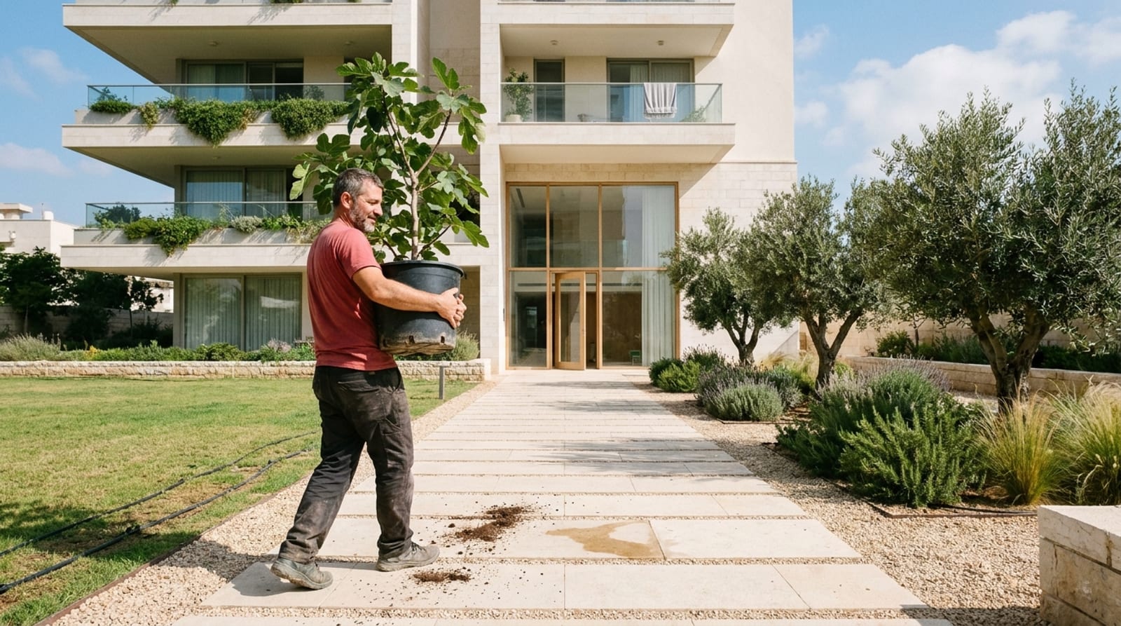 גבר נושא עץ תאנה צעיר בעציץ אל כניסת בניין מגורים חדש, עצי זית לצד השביל