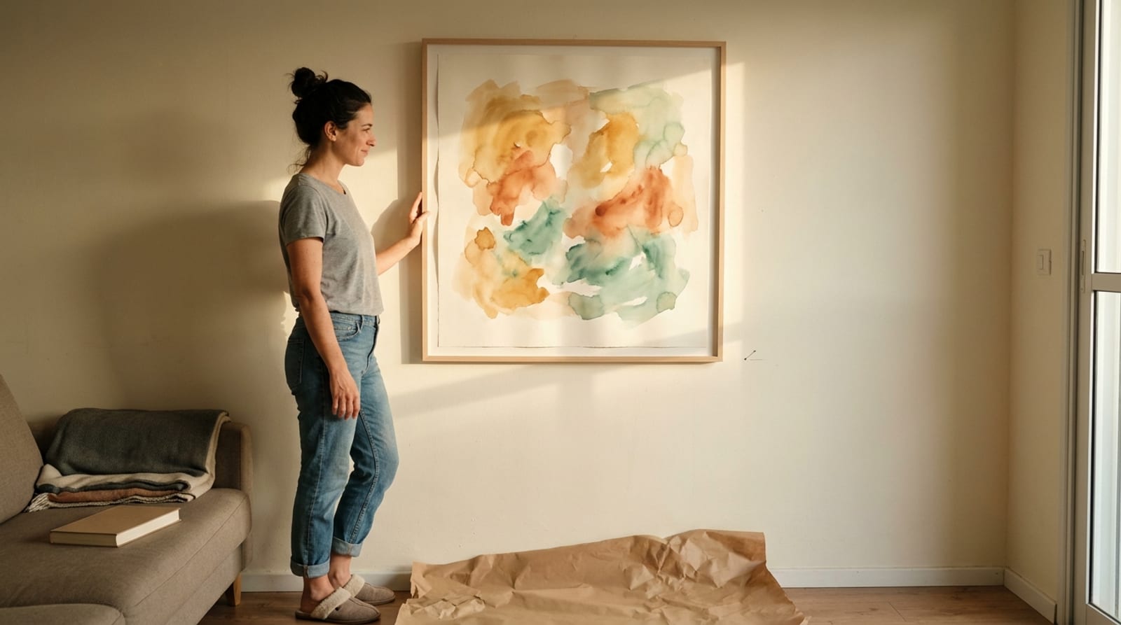 אישה מיישרת תמונת אקוורל ממוסגרת שתלתה על קיר הסלון, ונייר אריזה חום פרוש על הרצפה