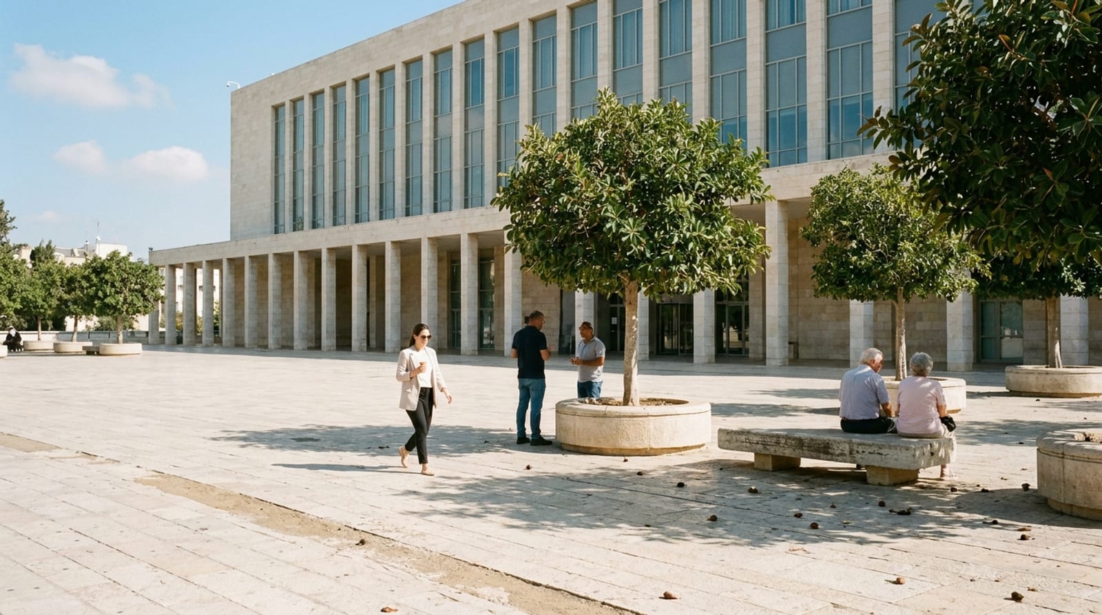 רחבה גדולה מאבן בהירה בצהריים מול בניין ציבורי מאבן וזכוכית עם קולונדה, עצים באדניות אבן עגולות, אישה הולכת עם כוס קפה, שני גברים משוחחים וזוג מבוגר על ספסל אבן