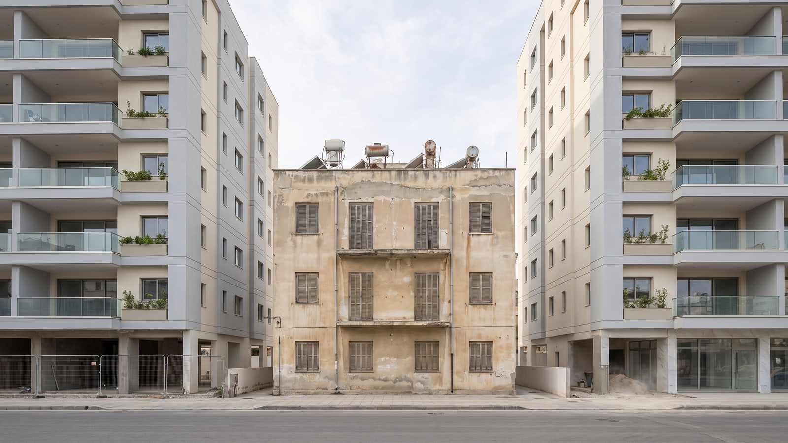 Un immeuble ancien entre deux immeubles neufs, dans une rue