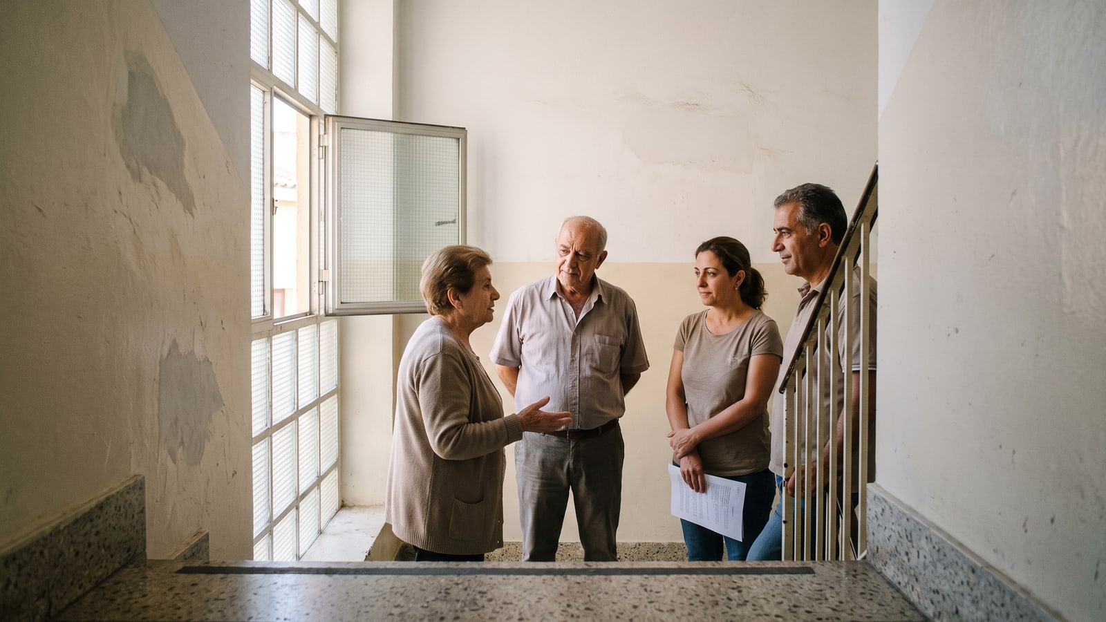 Des habitants de l’immeuble discutent dans la cage d’escalier