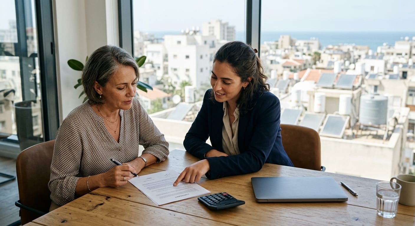 A homeowner and a project representative reviewing a contract over Tel Aviv rooftops