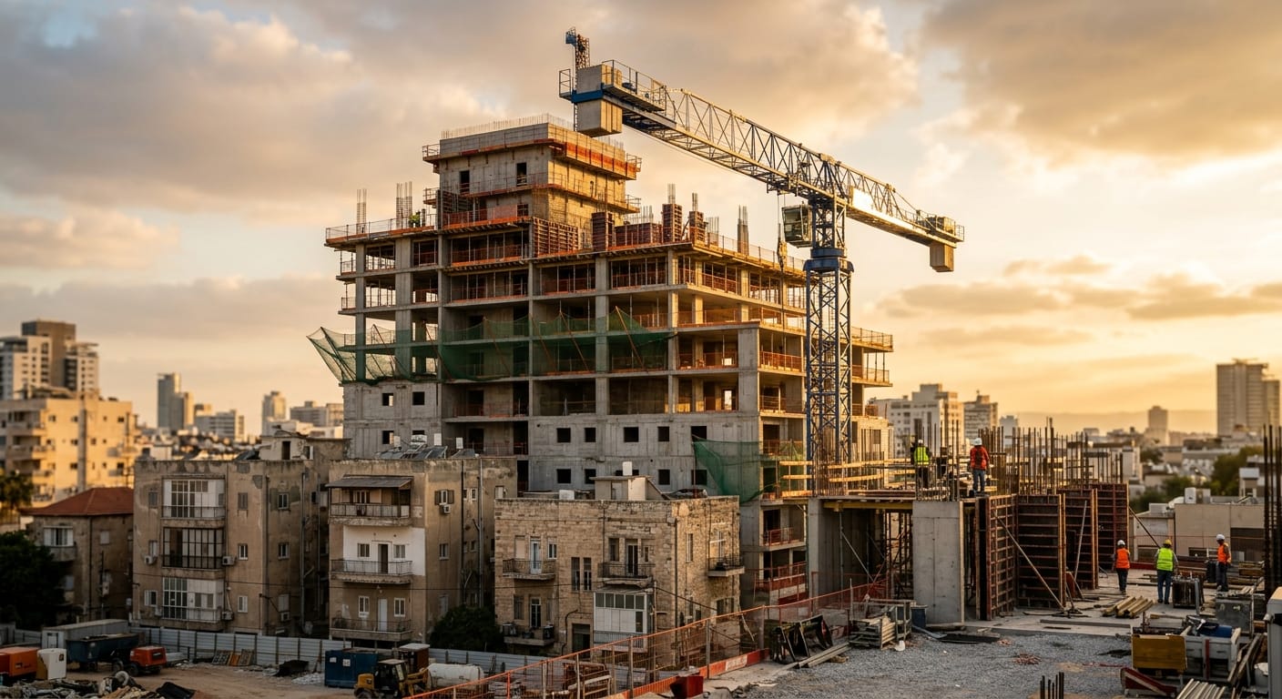 Urban-renewal construction site with a tower crane at dusk