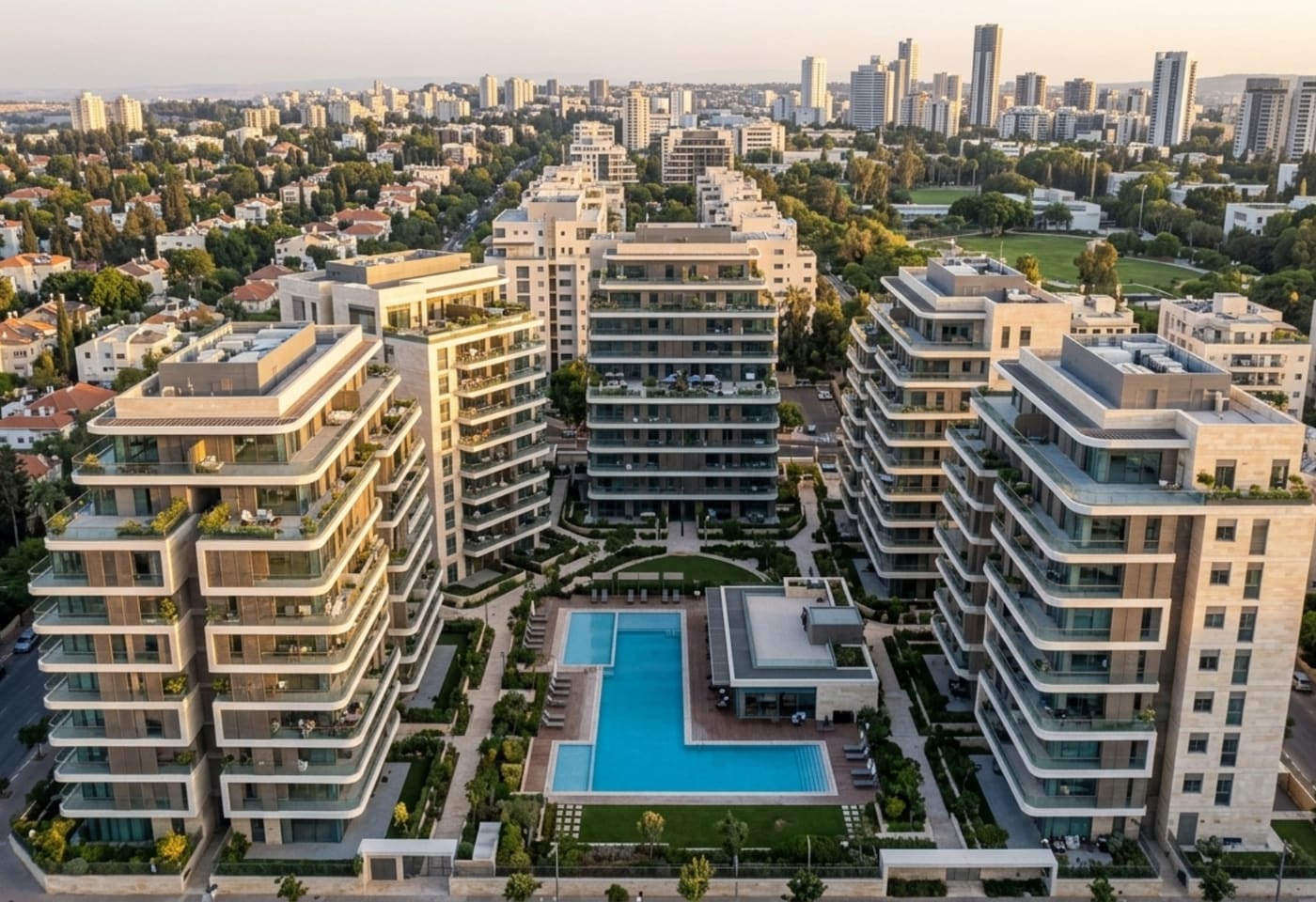 מתחם מגורים חדש עם חצר משותפת ובריכה, מבט מלמעלה