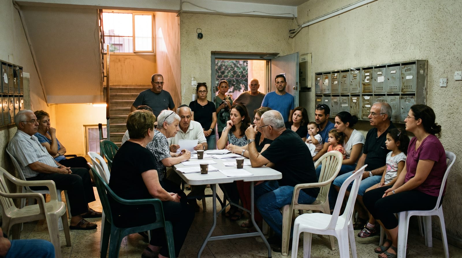 דיירים יושבים לפגישה בלובי הבניין