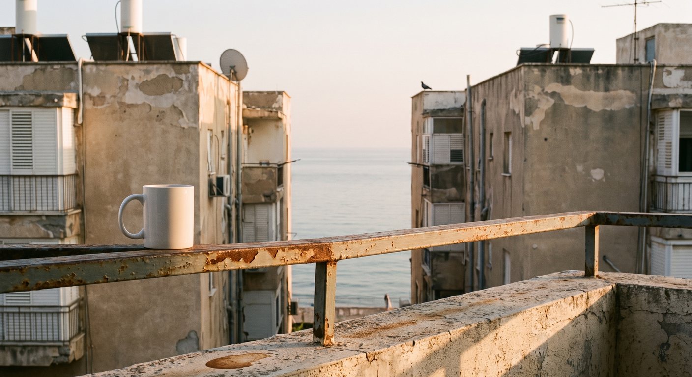 Coffee on the balcony rail, the sea between two buildings — the home the deal buys