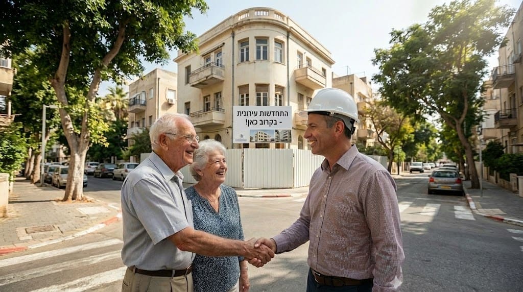 לחיצת יד עם בעלי דירות מבוגרים — ליווי אישי בהתחדשות עירונית