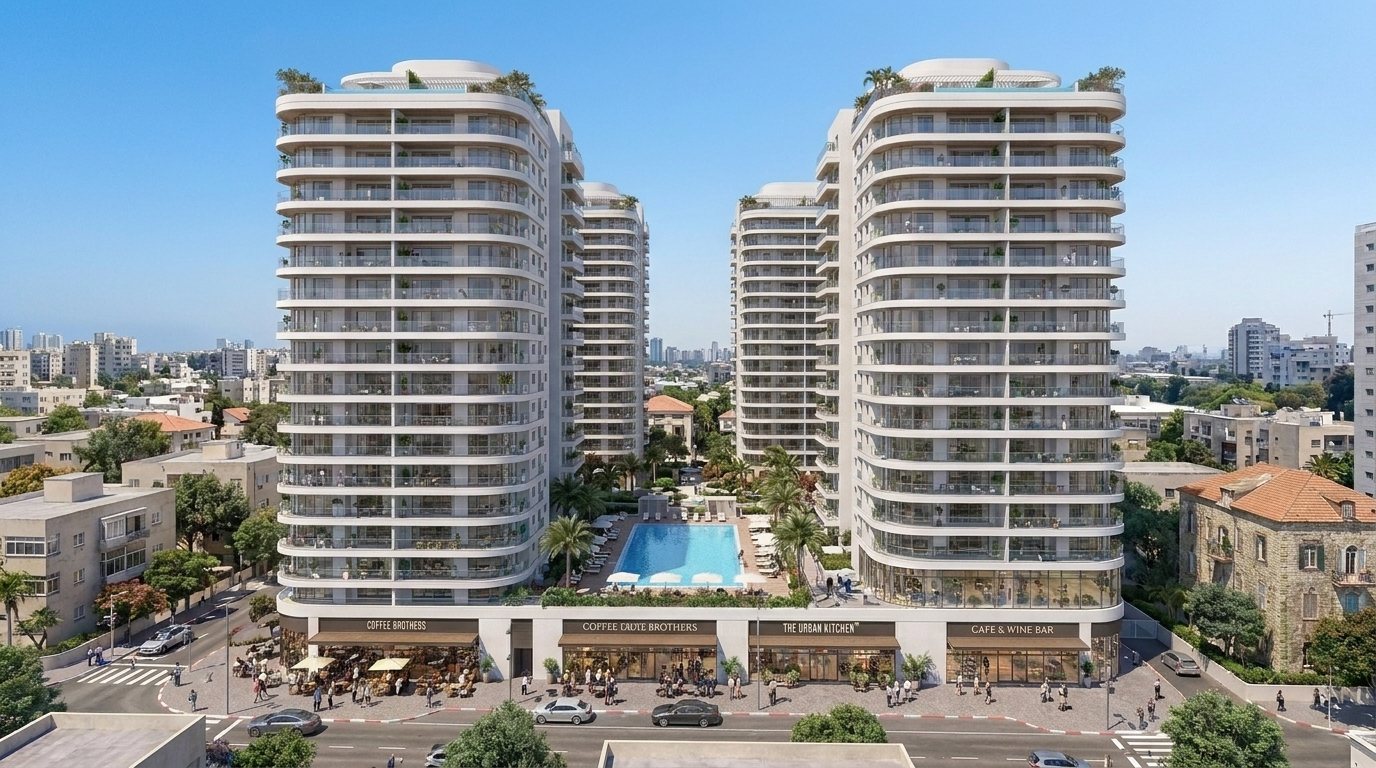 הדמיה של קומת מסחר ברחוב מתחת לבנייני מגורים חדשים