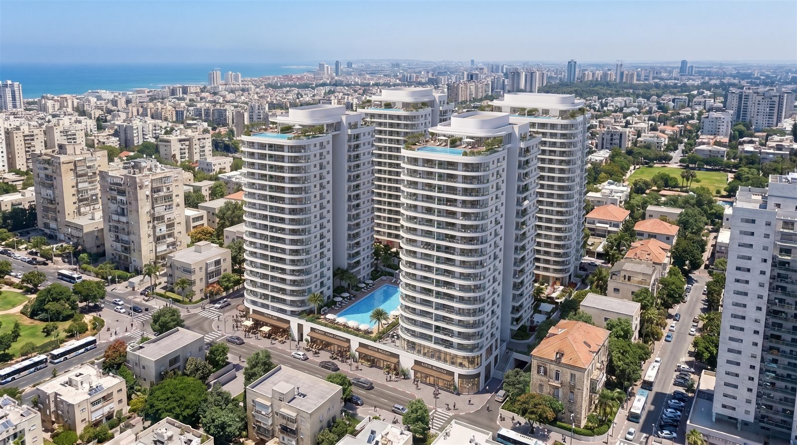 הדמיה של מתחם מגורים חדש בתוך מרקם עירוני קיים, מבט מהאוויר